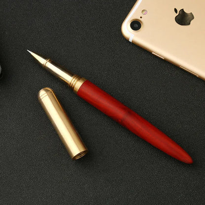 Brass and sandalwood signature pen with wood grain detail showing length and width dimensions