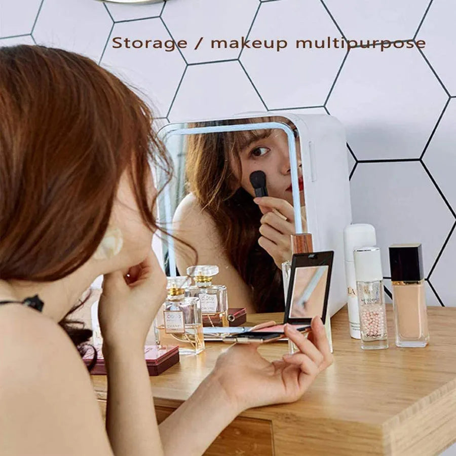 White portable mini fridge for makeup and food with removable shelf, showing power cords for car and home use.