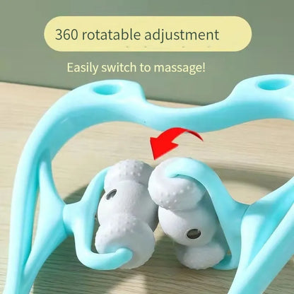 Blue handheld neck massager roller with 96 pressure nodes on a white background.