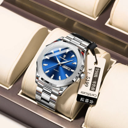 Men's steel strap quartz watch with 9mm thick case in a business style, showing colour options.