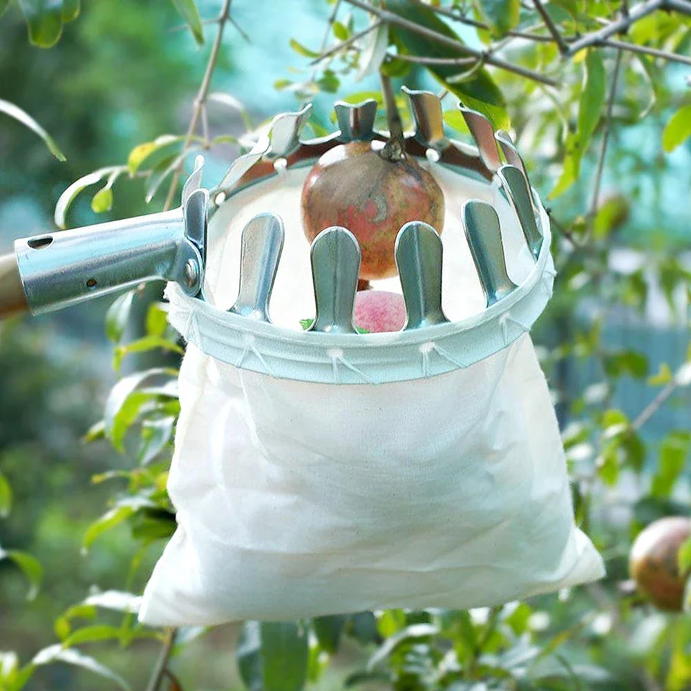 High-quality fruit picker tool with sturdy metal frame and reinforced cloth bag for effortless fruit harvesting from tall trees