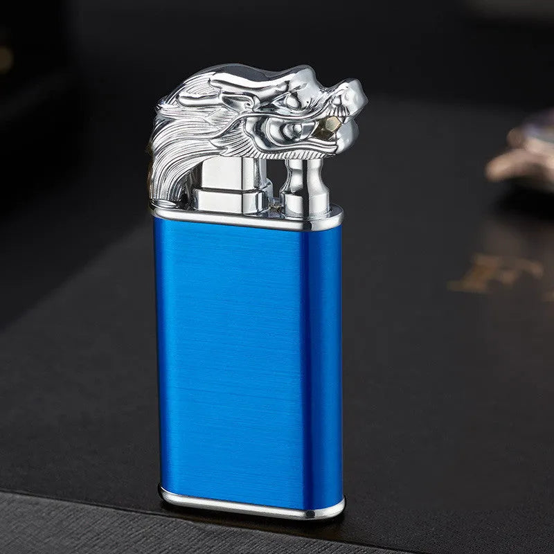 Metal windproof lighter with double flame and dragon design, showing flame from mouth.