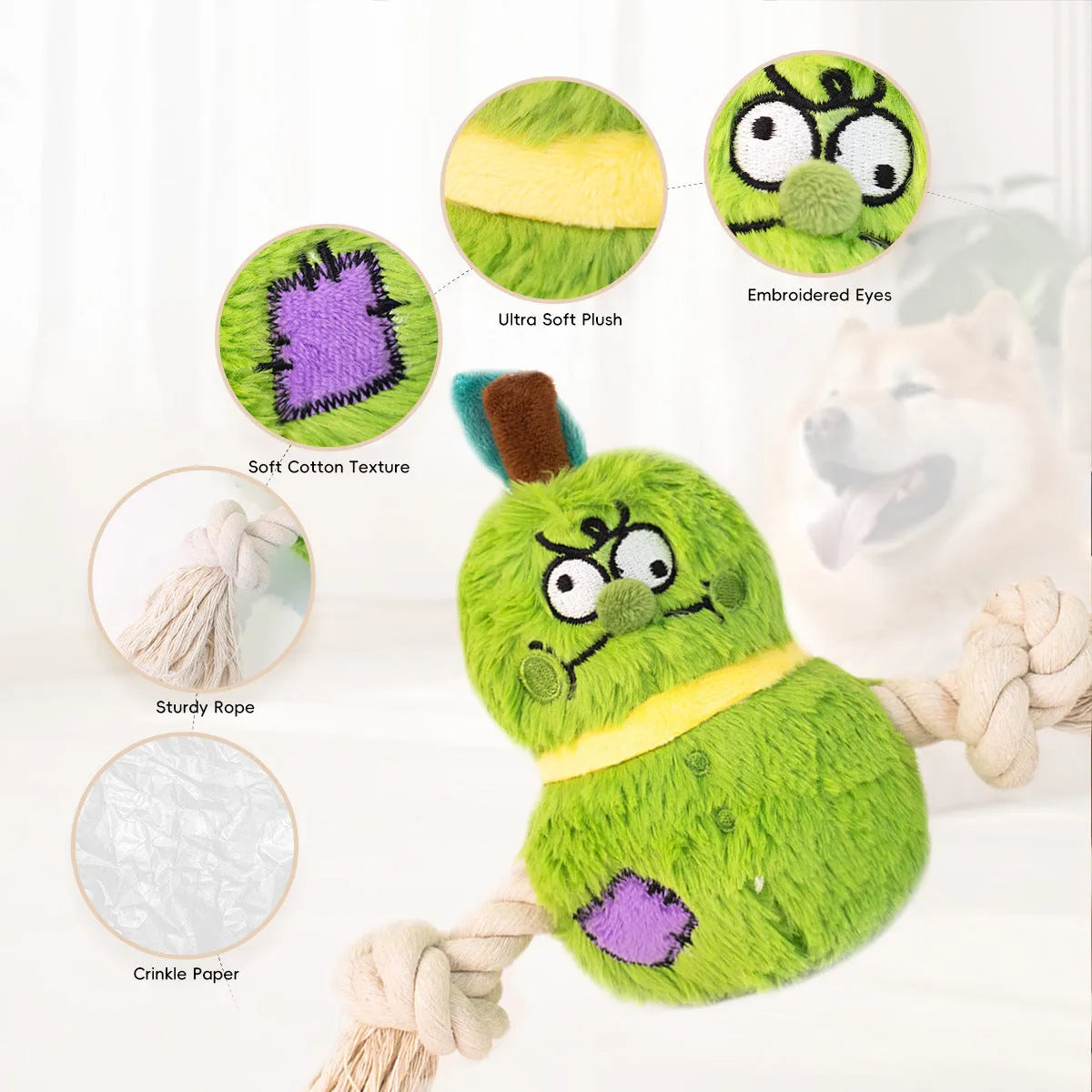 Green and purple plush dog toy with a central rope knot for tugging and chewing.