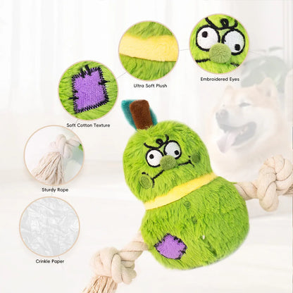 Green and purple plush dog toy with a central rope knot for tugging and chewing.