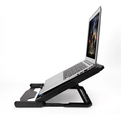Metal mesh laptop cooling board with LCD display showing speed settings, positioned beneath a notebook computer