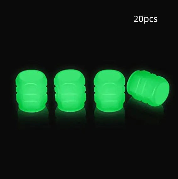 Glow-in-the-dark rubber tyre valve caps in five colour options on tyre valve stem