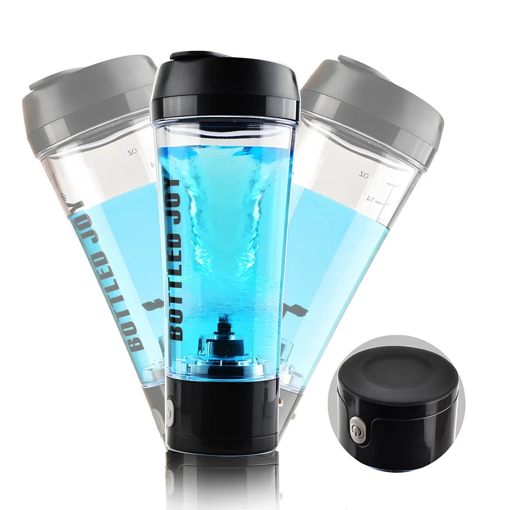 Black USB electric shaker bottle with measurement markings and automatic mixing technology