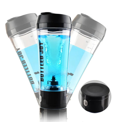 Black USB electric shaker bottle with measurement markings and automatic mixing technology