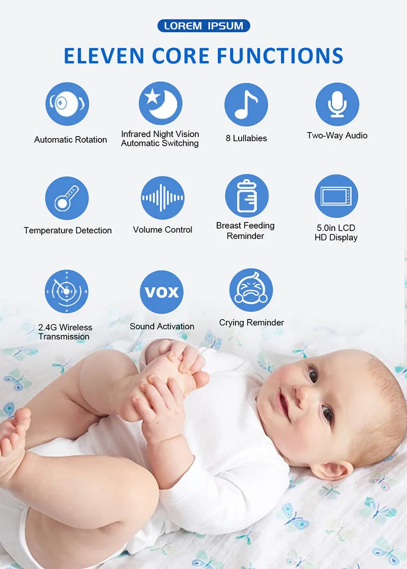 White HD wireless baby monitor with 5-inch LCD screen on a table