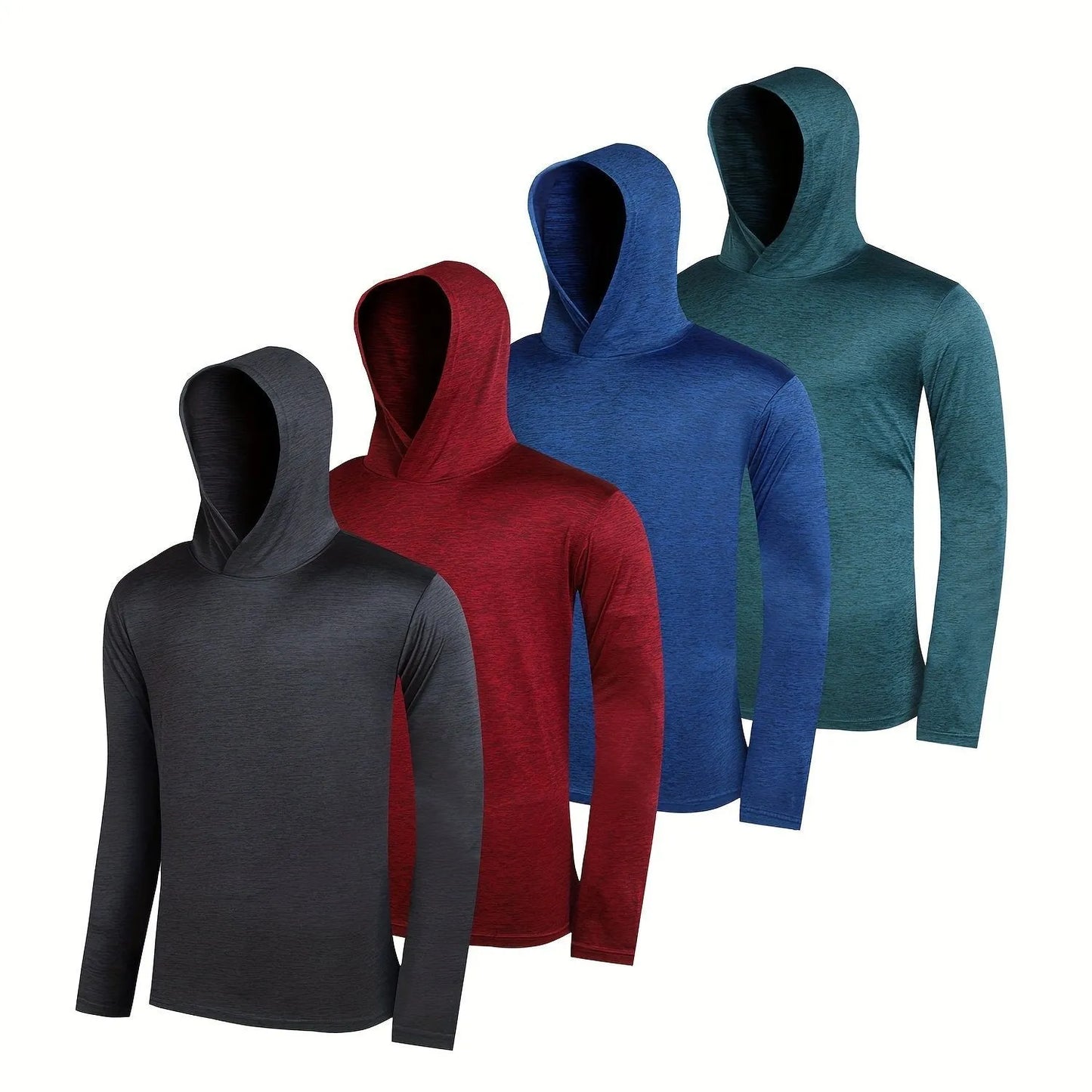Four coordinated men's hoodies in lightweight elastic polyester fabric showing hooded and non-hooded style options