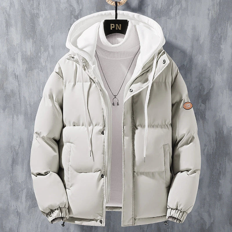 Men's Cozy Hooded Jacket in various colors, featuring a durable polyester exterior, insulating inner lining, and adjustable hood for winter warmth and protection.