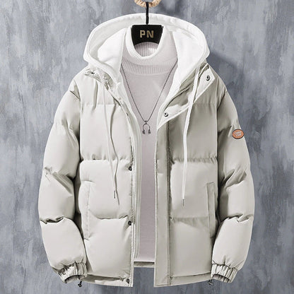 Men's Cozy Hooded Jacket in various colors, featuring a durable polyester exterior, insulating inner lining, and adjustable hood for winter warmth and protection.
