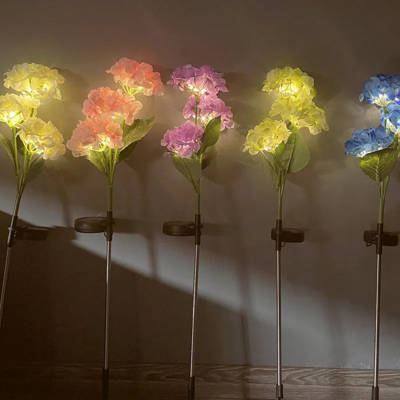 Solar powered hydrangea shaped garden floor light with rubber body in pink purple blue green or white