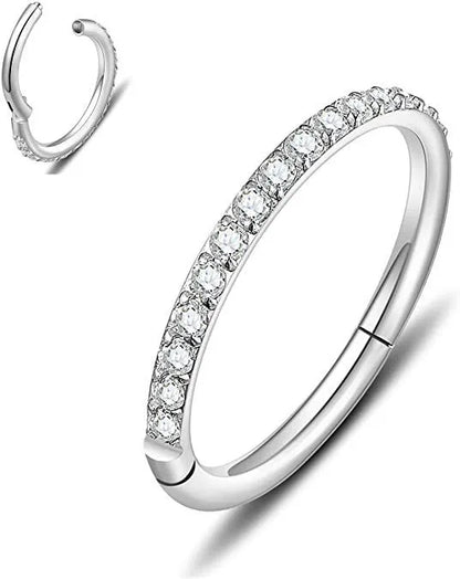 A seamless round hoop nose ring in stainless steel, shown alongside gold and rose gold colour options.
