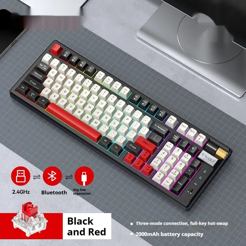 Bluetooth mechanical keyboard with USB charging cable in blue orange or black and red colours