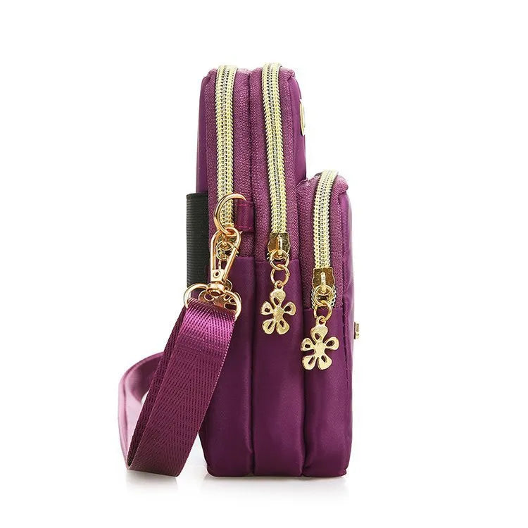 Nylon small crossbody shoulder bag with 3-layer zipper, card slot, square vertical shape, letter pattern, in red, dark blue, black or dark purple.