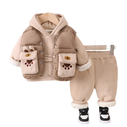 Boys' cotton three-piece suit with fleece lining, hooded top, trousers and vest in beige khaki or green black