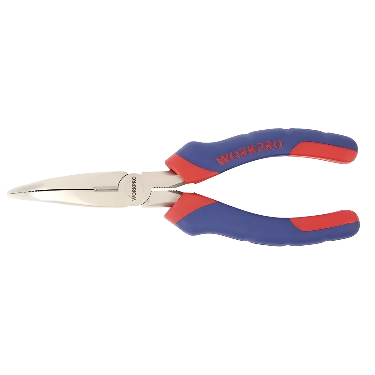 Blue double colour sleeve handle curved nose pliers with tapered jaws for precision work