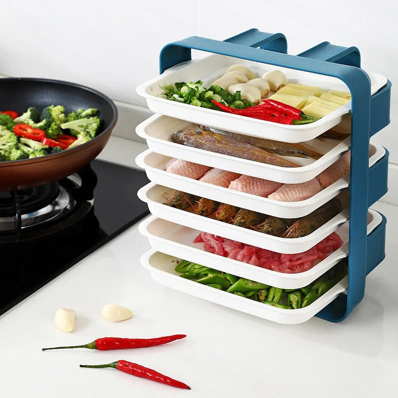 Wall-mounted kitchen shelf with stackable trays in navy blue, white, and coffee colour options