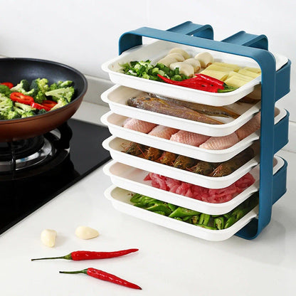 Wall-mounted kitchen shelf with stackable trays in navy blue, white, and coffee colour options