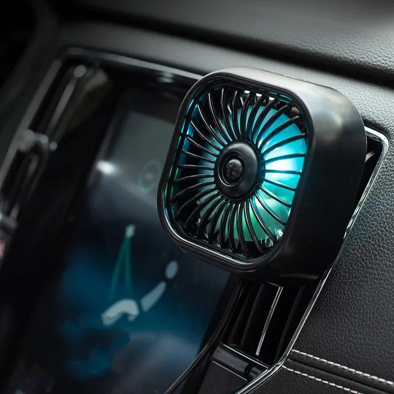 USB car fan with three-speed adjustable airflow, compact 97x80x100mm design, keyboard-style operation controls, includes charging cable for vehicle or office use, available in black and khaki colours