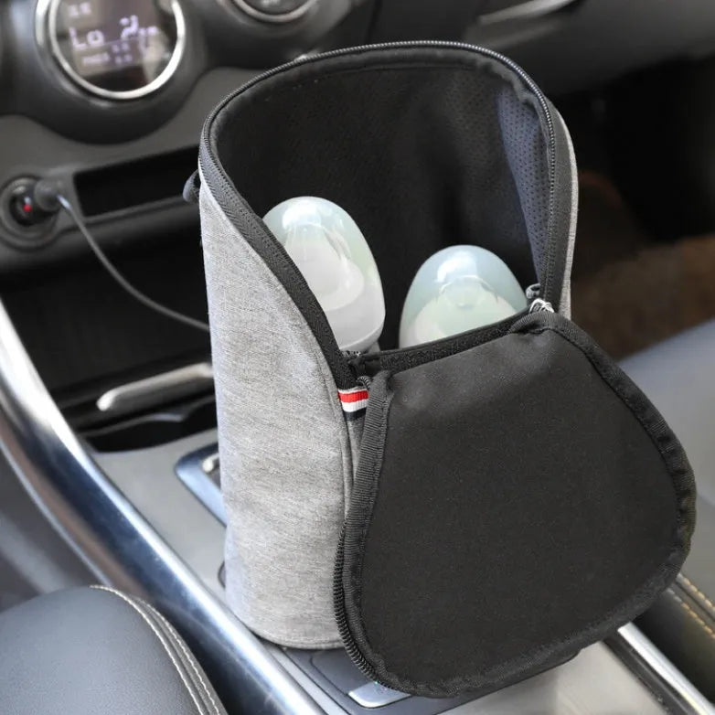 Grey Oxford cloth car USB baby bottle warmer with electronic display and hanging buckle