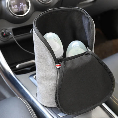 Grey Oxford cloth car USB baby bottle warmer with electronic display and hanging buckle