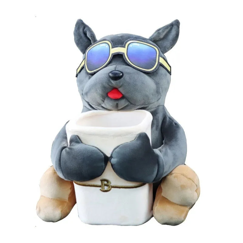 Plush fabric car tissue box organiser hanging from car armrest with flip-top design