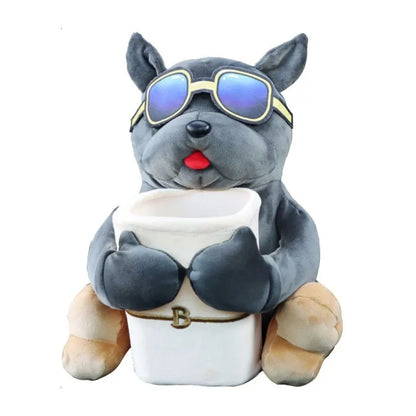 Plush fabric car tissue box organiser hanging from car armrest with flip-top design