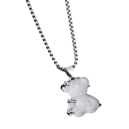 Cute little bear pendant necklace with white K-color finish and lock chain in alloy and titanium steel