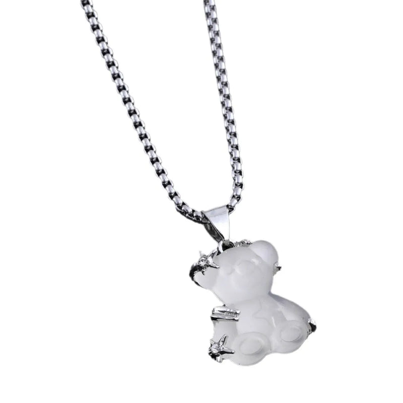Cute Little Bear Pendant Necklace White K-Color Alloy Titanium Steel Lock Chain Jewellery for Women Girls Gift Everyday Wear