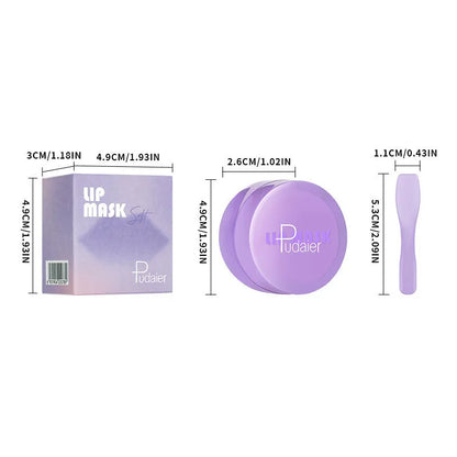 Exfoliating lip balm treatment box showing 10ml lip film and a metal lip scraper tool