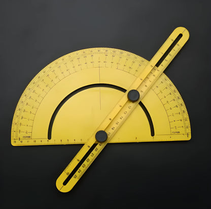180 degree carpentry ruler angle measuring tool made of black ABS plastic on a wooden surface.