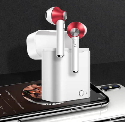 Black wireless sports Bluetooth earbuds showing battery display and placed next to a smartphone.