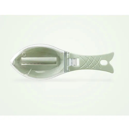 Fish-shaped scaler tool with cover to prevent scale splashing during fish cleaning