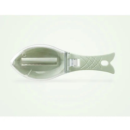 Fish-shaped scaler tool with cover to prevent scale splashing during fish cleaning