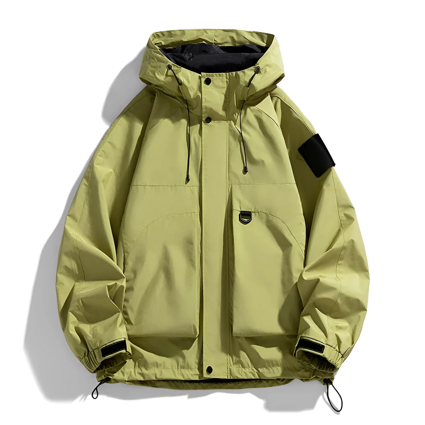 Men's black windproof waterproof hooded coat with polyester fibre, regular length, long sleeves, sizes up to 8XL