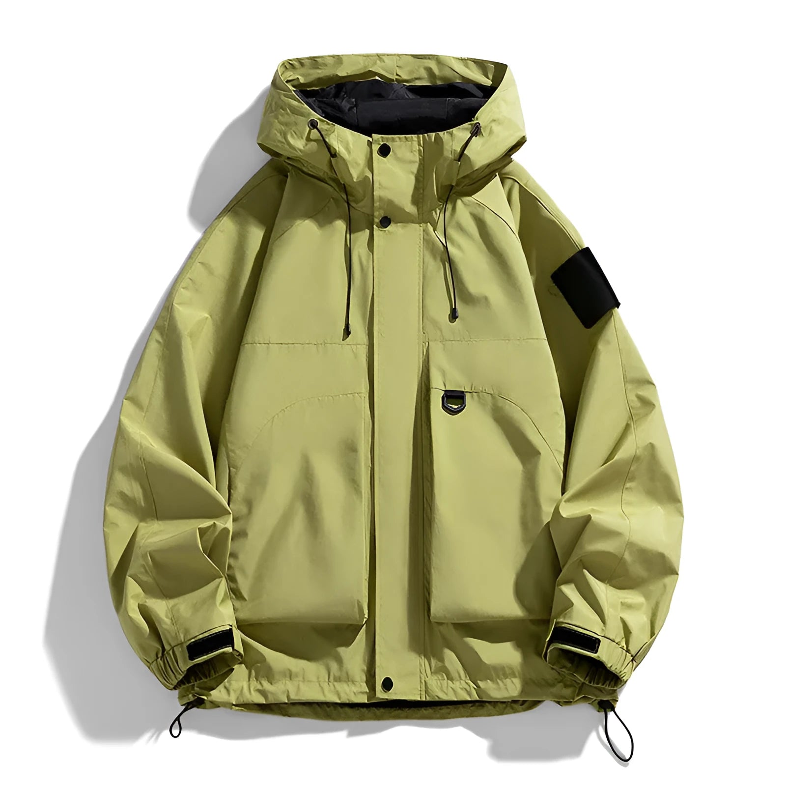 Men's black windproof waterproof hooded coat with polyester fibre, regular length, long sleeves, sizes up to 8XL