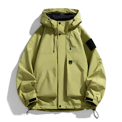 Men's black windproof waterproof hooded coat with polyester fibre, regular length, long sleeves, sizes up to 8XL