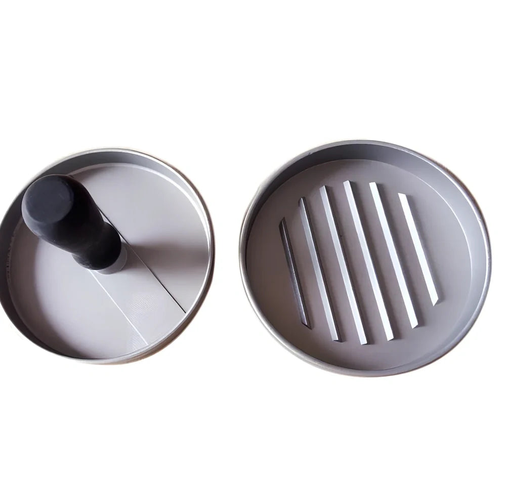 Aluminium burger press with base and handled plate for 1cm thick patties