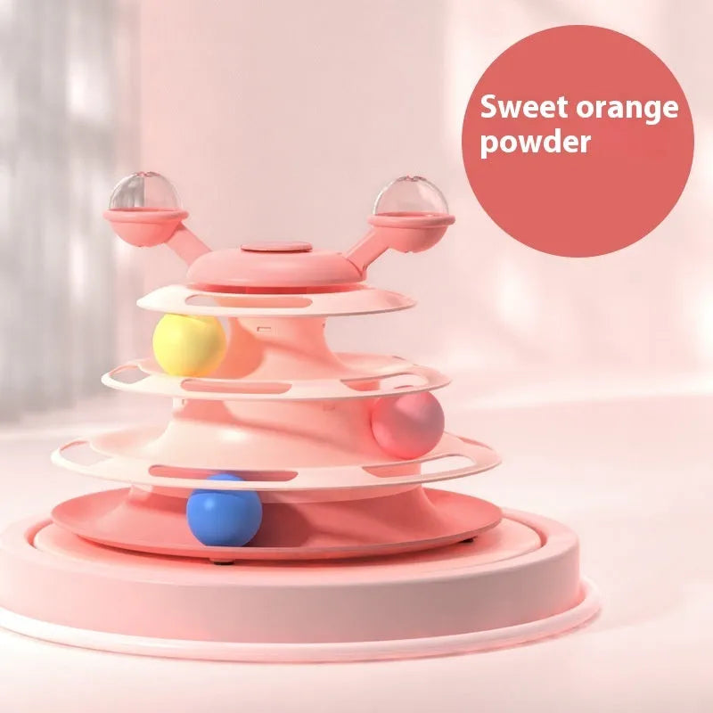 Four-level cat toy turntable tower with roller balls and 360-degree top ball in PP