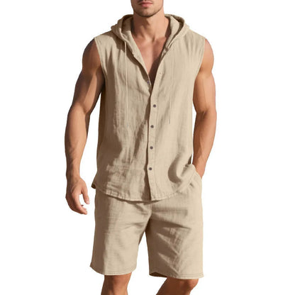 Men's linen sleeveless shirt and shorts suit in multiple colour options