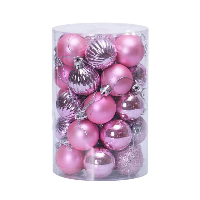 Assortment of 34 round 4cm plastic Christmas baubles in gold, silver, red, blue, and other colours.