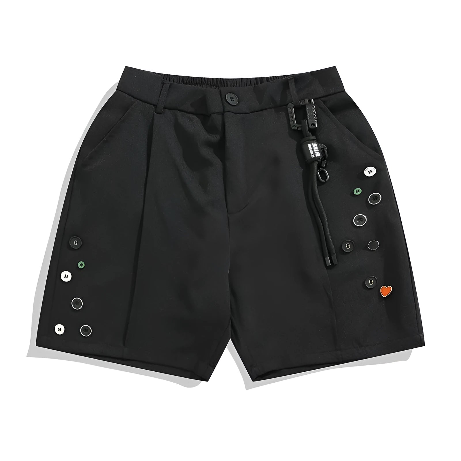 A pair of black loose-fit semi-elastic shorts with a colour button and zipper fly.