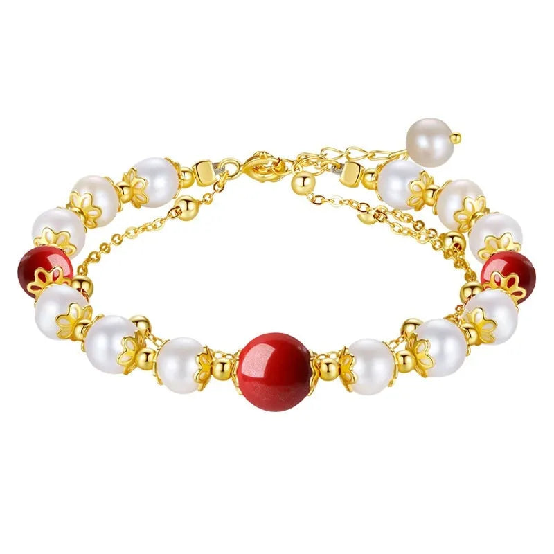 Double-layer women's bracelet with freshwater pearls and geometric cinnabar beans on sterling silver