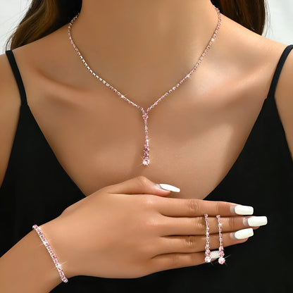 Rhinestone heart pendant jewellery set with necklace, bracelet and earrings in silver pink colour