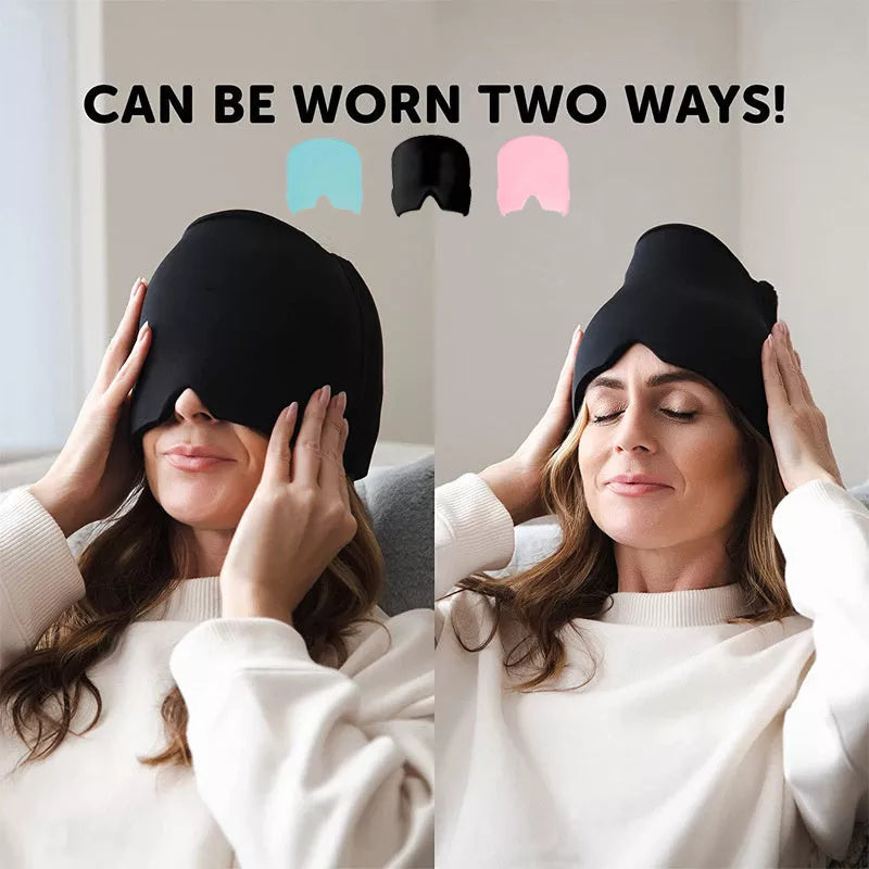 Ice Compress Headache Relief Hat in black and pink, offering 360-degree cold therapy for migraines and stress