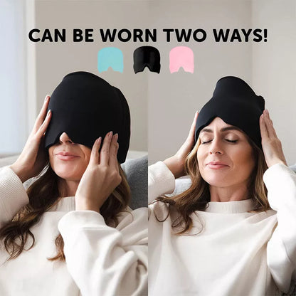 Ice Compress Headache Relief Hat in black and pink, offering 360-degree cold therapy for migraines and stress