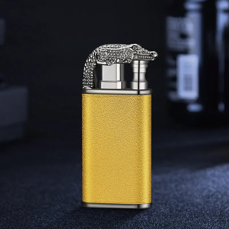 Metal windproof lighter with double flame and dragon design, showing flame from mouth.