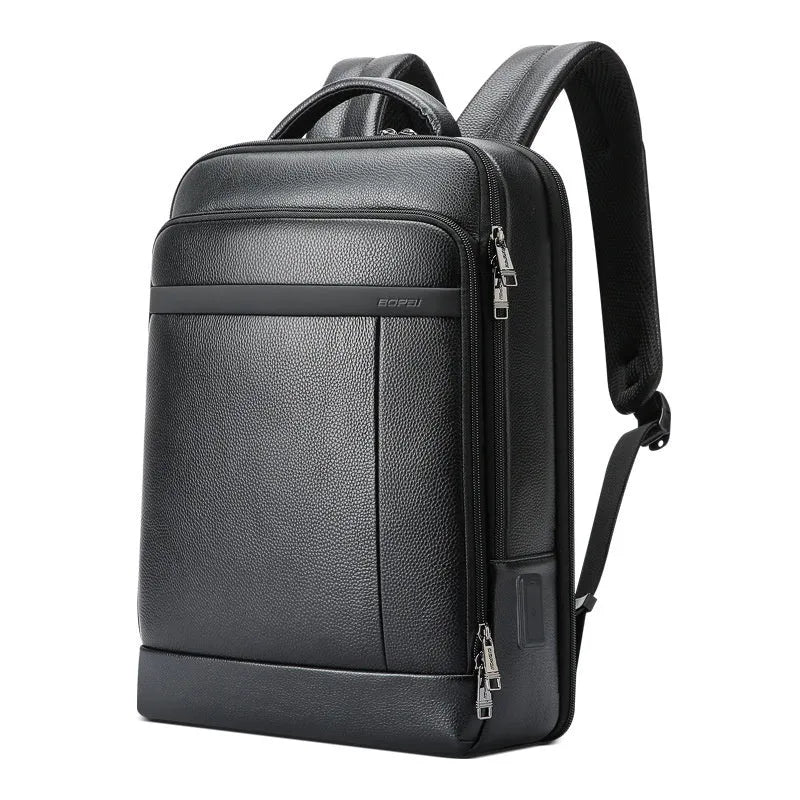 Black genuine leather commuter backpack with USB port and curved shoulder straps